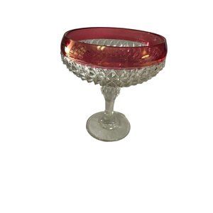 Vintage Indiana Glass cranberry flashed diamond point 7.5 inch compote